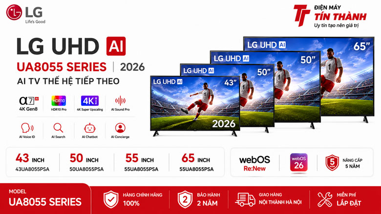 LG UA8055 Series 2026 gồm các kích thước 43 50 55 và 65 inch