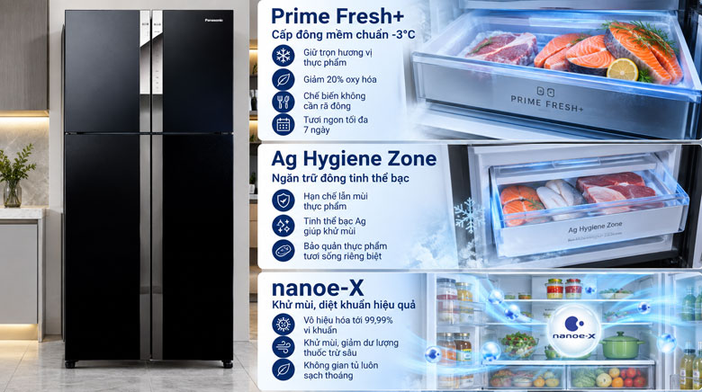 Prime Fresh+, Ag Hygiene Zone và Nanoe-X trên Panasonic NR-DZ601YGKV