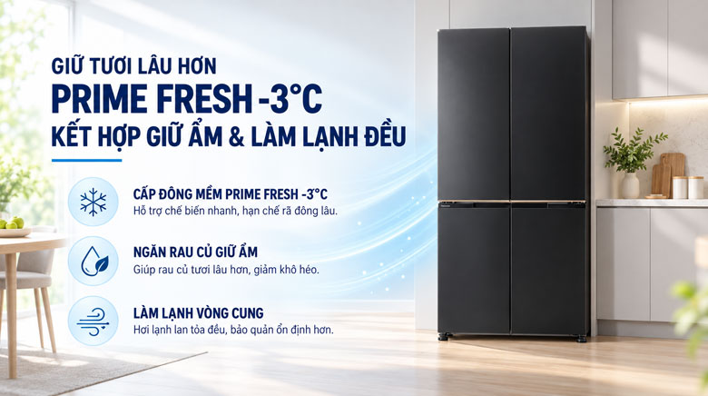 Công nghệ bảo quản thực phẩm trên Panasonic NR-XZ520CWKV với Prime Fresh -3°C và ngăn rau củ giữ ẩm