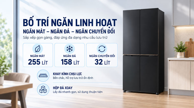 Bố trí ngăn chứa trên Panasonic NR-XZ520CWKV với ngăn mát 255 lít, ngăn đá 158 lít và ngăn chuyển đổi 32 lít
