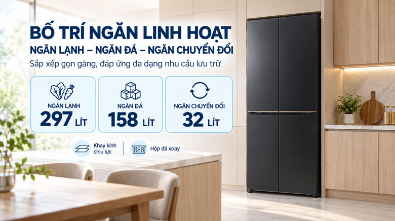 Bố trí ngăn chứa Panasonic NR-XZ550CWKV dung tích 487 lít