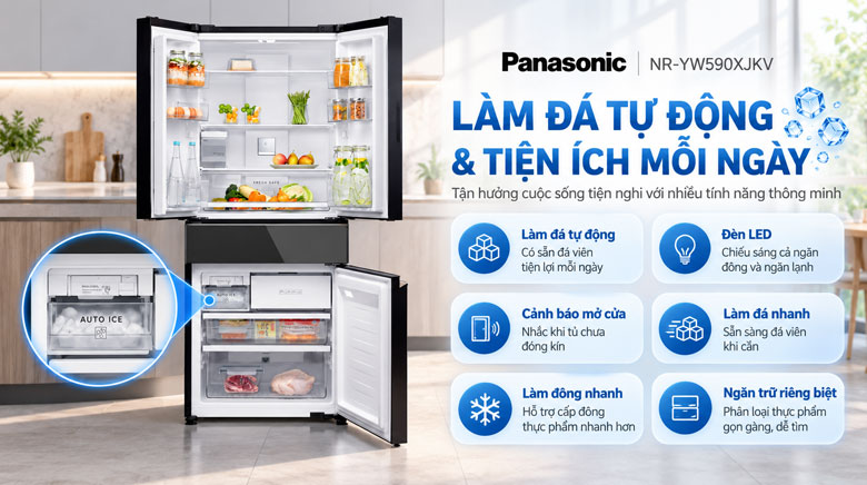 Làm đá tự động và tiện ích trên tủ lạnh Panasonic NR-YW590XJKV