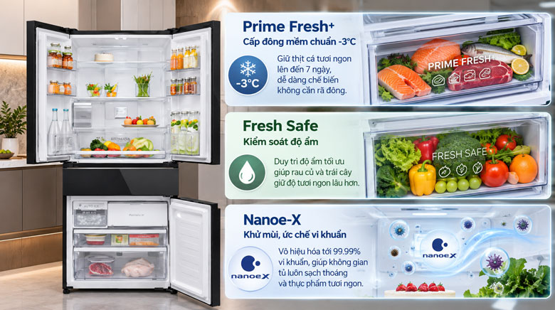 Prime Fresh+ -3°C, Fresh Safe và Nanoe-X trên Panasonic NR-YW590XJKV