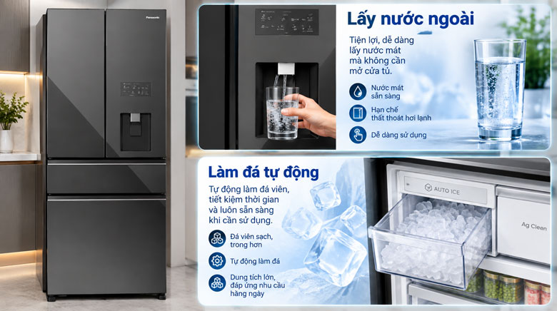 Làm đá tự động và lấy nước ngoài trên Panasonic NR-YW590YMMV
