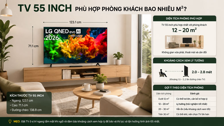 TV 55 inch phù hợp phòng khách bao nhiêu mét vuông?