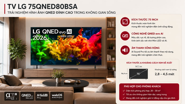 TV 75 inch phù hợp phòng khách bao nhiêu mét vuông?