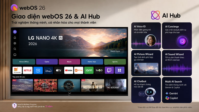 Giao diện webOS 26 và AI Hub trên tivi LG NU855