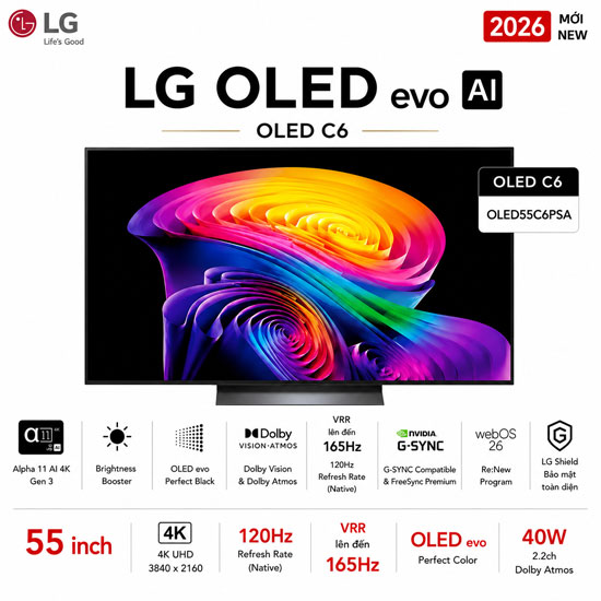 Smart Tivi OLED evo LG OLED55C6PSA AI 4K 55 inch 2026