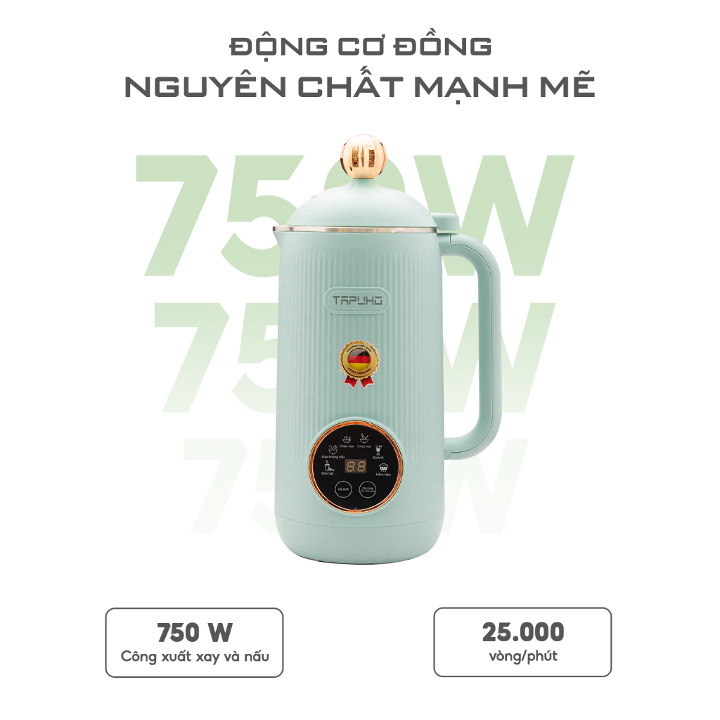 Máy làm sữa hạt TAPUHO TMB600 Chính hãng màu Xanh Pastal 750W Dung tích 0,6L inox 304 25.000 vòng/phút