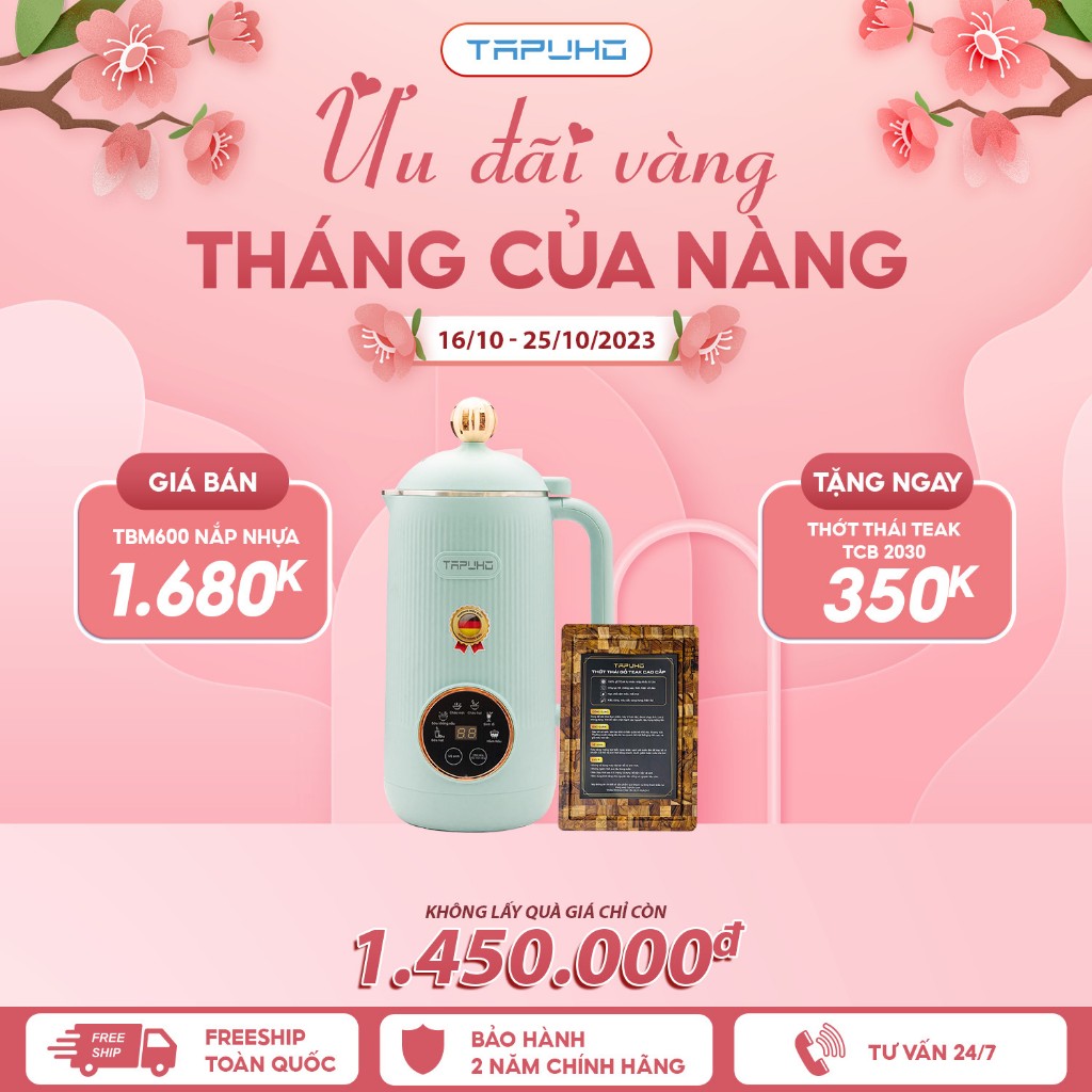 Máy làm sữa hạt TAPUHO TMB600 Chính hãng màu Xanh Pastal 750W Dung tích 0,6L inox 304 25.000 vòng/phút