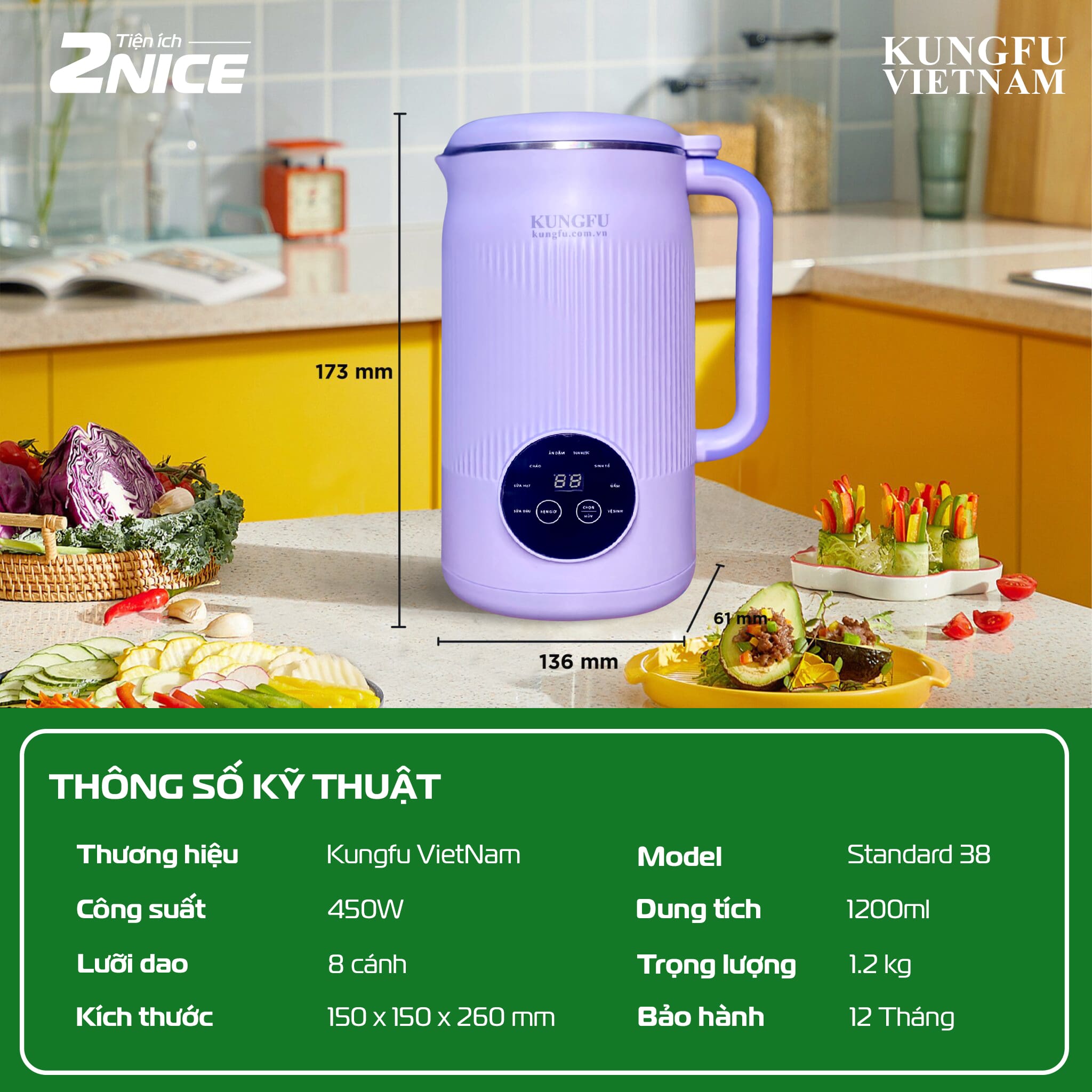 Máy Làm Sữa Hạt Kungfu STANDA38 - Xay nấu đa năng Inox 304 kết hợp thủy tinh cường lực - Dung tích cực đại 1200ml - Nấu nhiều hơn, chống trào tốt hơn