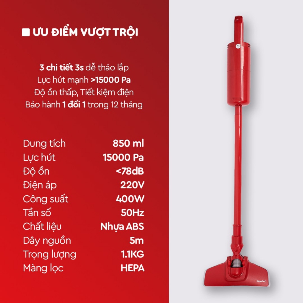 Máy Hút Bụi Cầm Tay 3S Thế Hệ Mới Lazychef - 3 Chi Tiết - Tháo Lắp 3 Giây