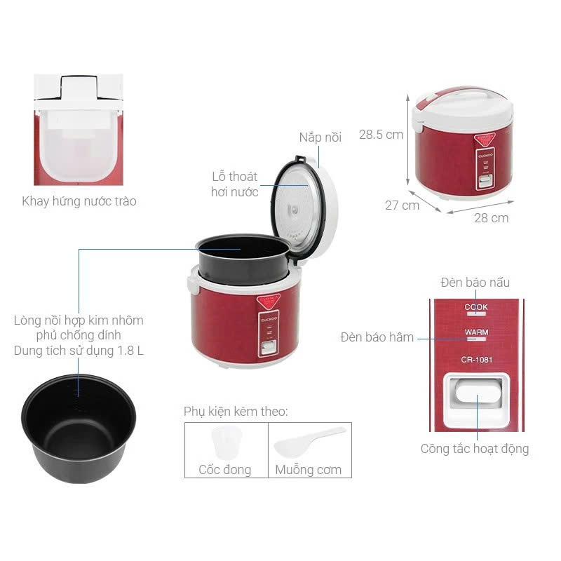 [Chính Hãng] Nồi cơm điện Cuckoo CR-1081/RDWHVN màu đỏ dung tích 1.8L