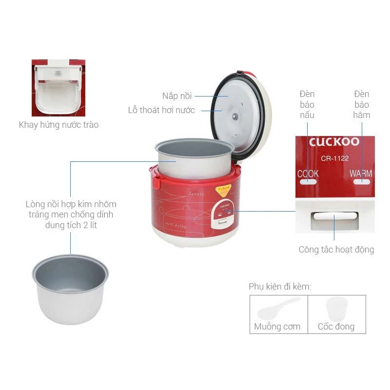 [Chính Hãng] Nồi cơm điện Cuckoo CR-1122/REIVVNCV màu đỏ dung tích 2.0L