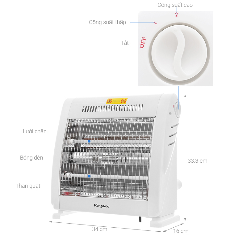 Máy Sưởi halogen 2 bóng Kangaroo KG1016C 800W