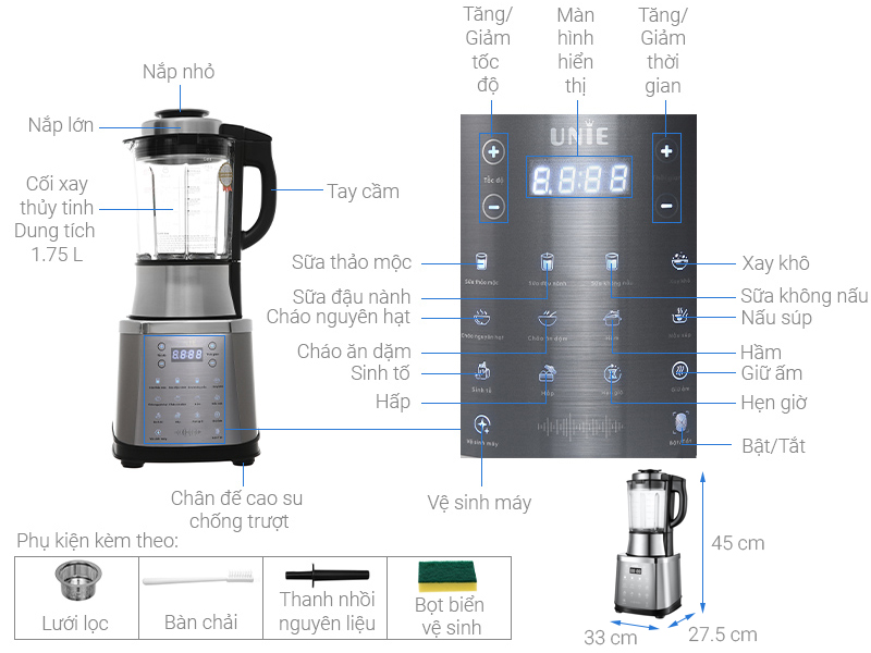 Máy xay nấu sữa hạt UNIE V8S công suất 1800W, dung tích 1.75L