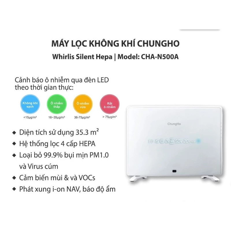 [Chính Hãng] Máy lọc không khí ChungHo HEPA - Whirls Silent CHA-N500A - Phòng diện tích 35m2