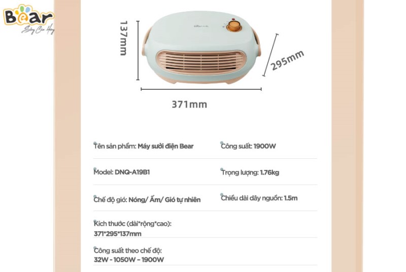 Máy sưởi gốm đa năng Bear DNQ-A19B1 BH 6 tháng, bản nội địa