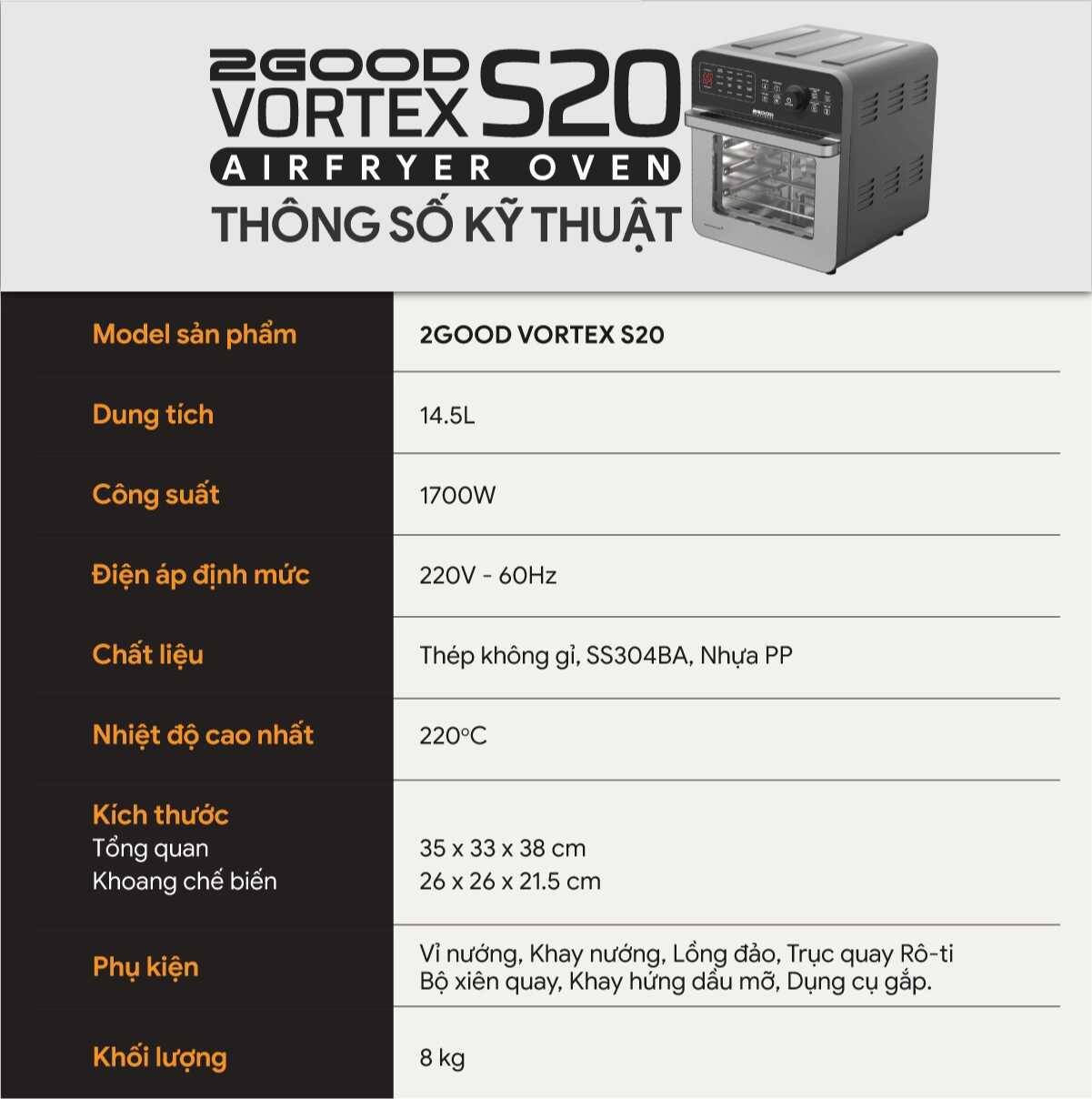 Nồi Chiên Không Dầu 2GOOD Vortex S-20 Air Fryer Oven