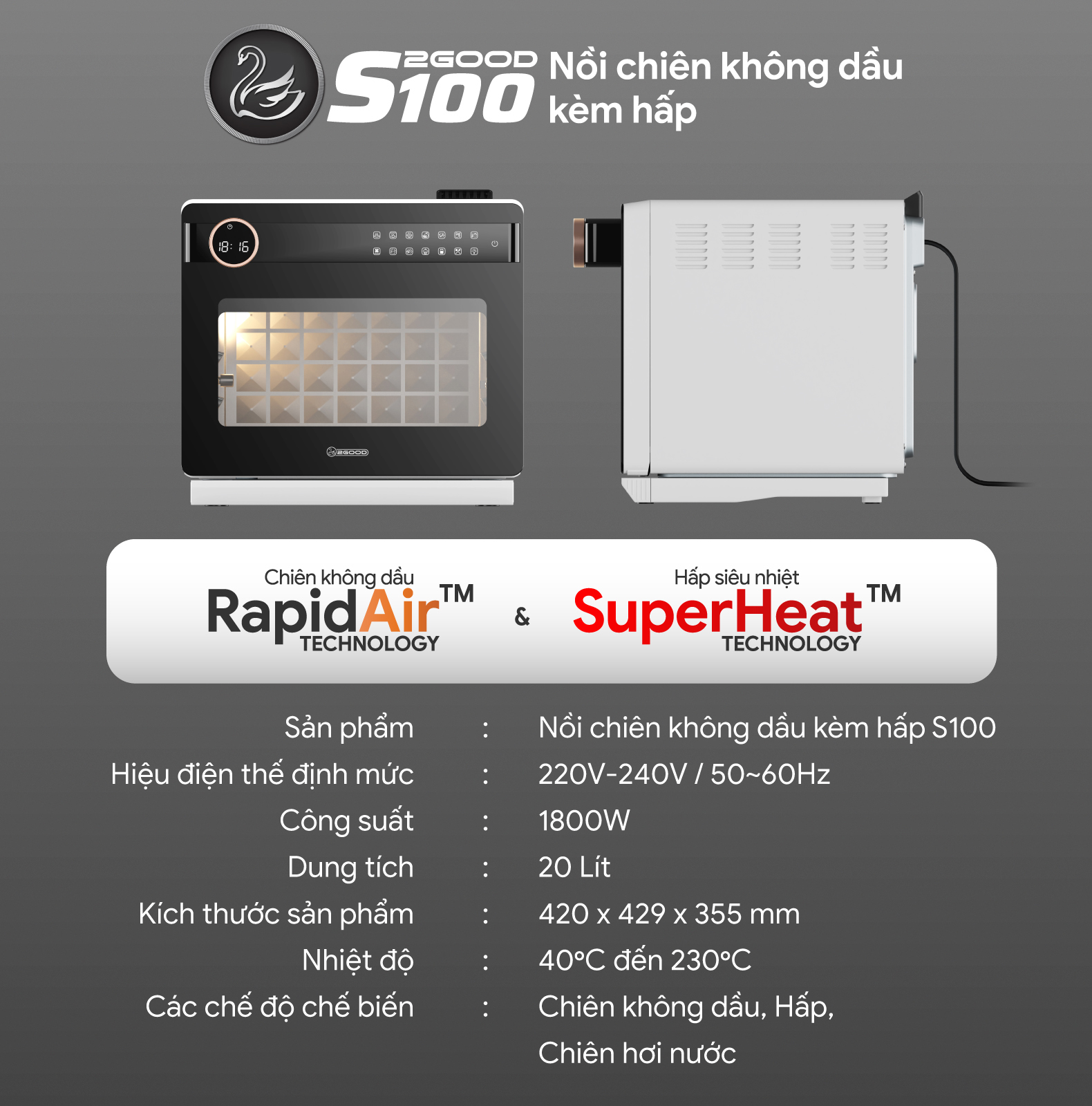 Nồi Chiên Không Dầu Kèm Hấp 2GOOD S100