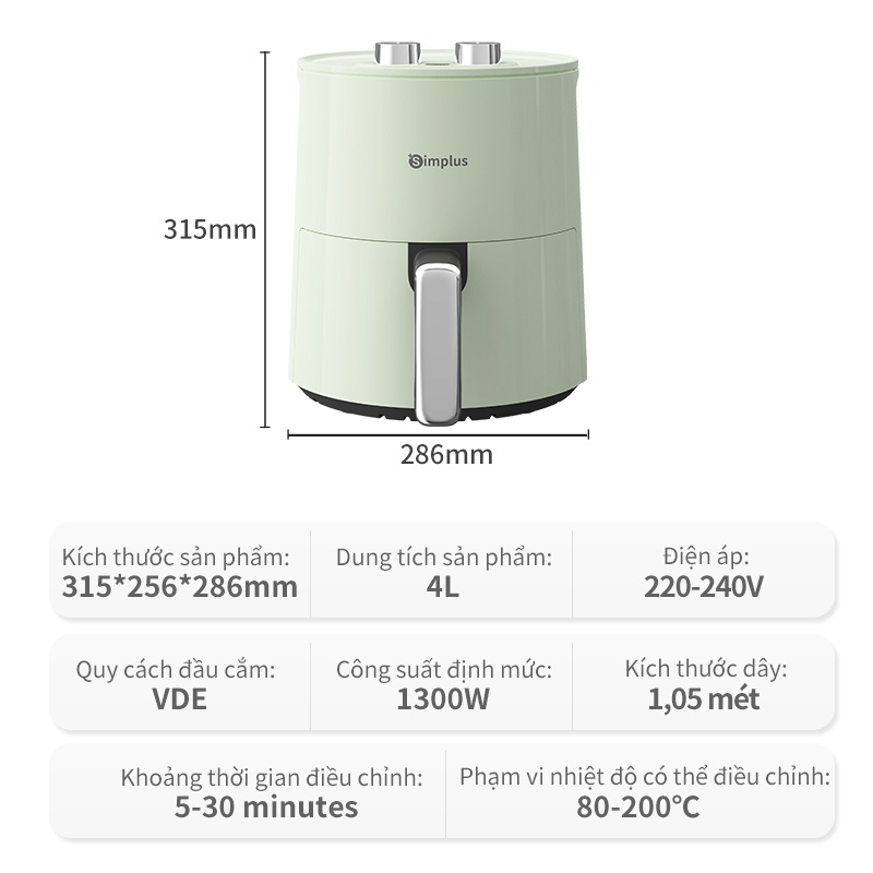 Nồi chiên không dầu Simplus KQZG007 Oil-Free Air Fryers Dung Tích lớn 4L - Bảo Hành 1 Năm 1 Đổi 1