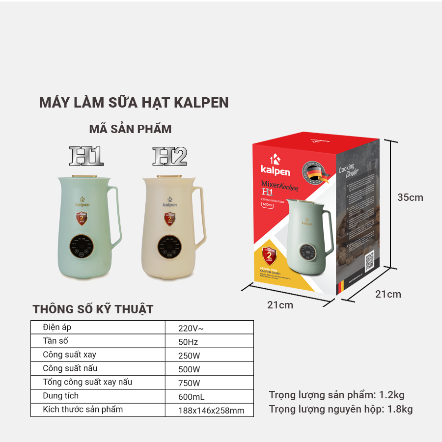Máy làm sữa hạt mini Kalpen H1/ H2 - Dung tích 600ml - Công suất 750W