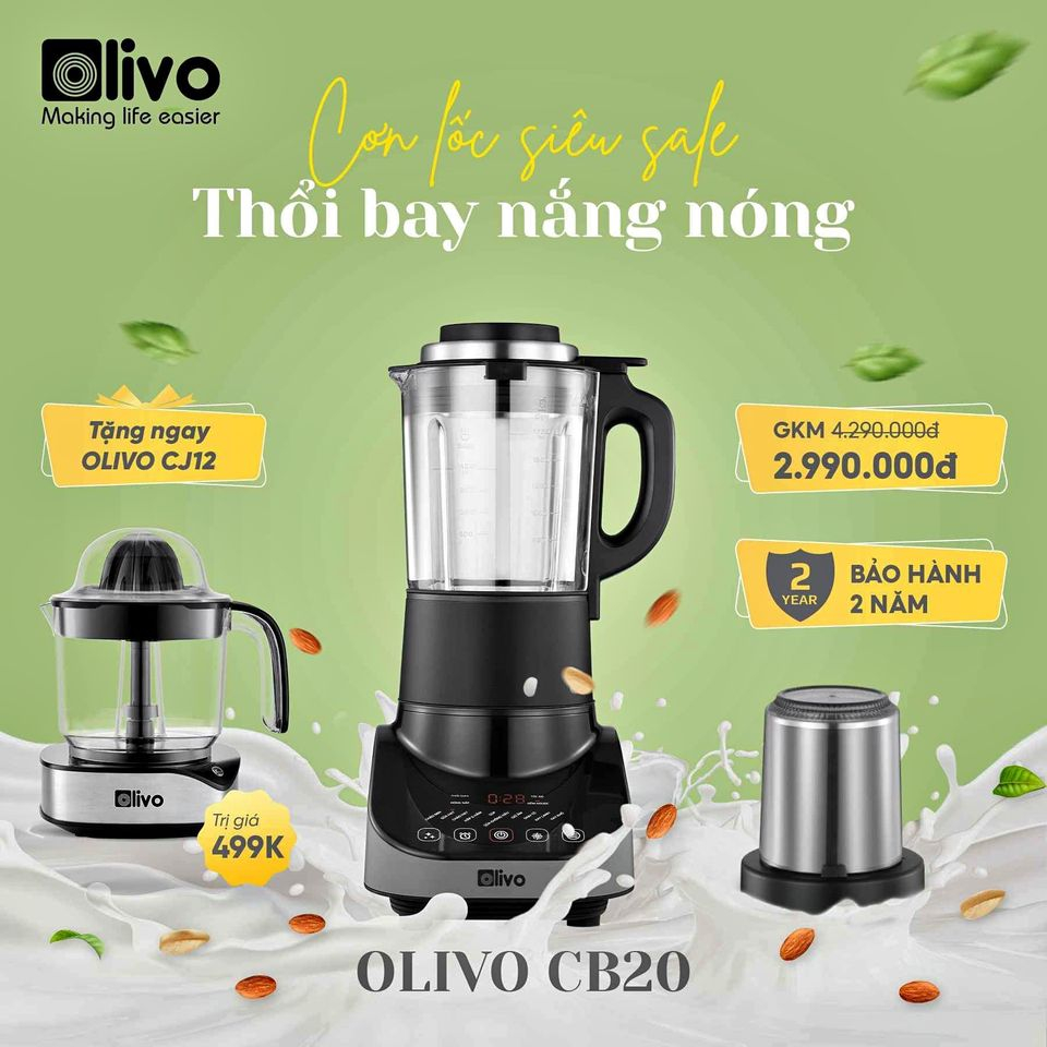 Máy Xay Nấu Đa Năng OLIVO CB20 - Độ Ồn Thấp Nhất - Chống Trào Tuyệt Đối - Vệ Sinh Khử Khuẩn - Chống Dính Gốm