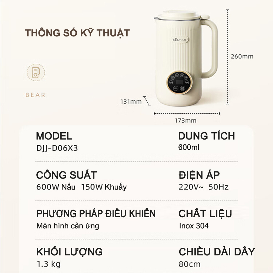 Máy làm sữa hạt Bear 600ml D06X3,  6 chức năng, xay nấu sữa hạt, xay sinh tố đa năng,  – Hàng chính hãng BH 6-18 tháng