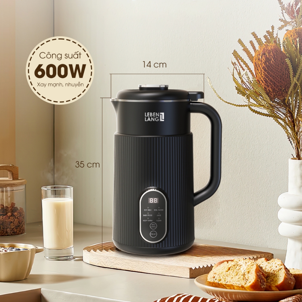 Máy làm sữa hạt đa năng Lebenlang LBL1589, làm sữa nhanh trong 25 phút, công suất 600W, 1L, bảo hành 2 năm - chính hãng