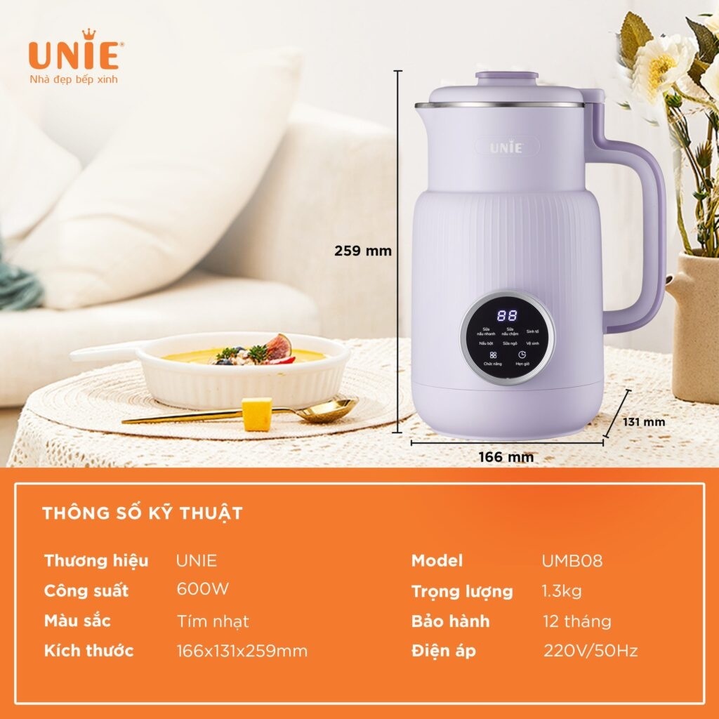 Máy làm sữa hạt Unie UMB08 PRO - Nắp INOX 304 cải tiến,dung tích 600ml,đa năng xay nấu