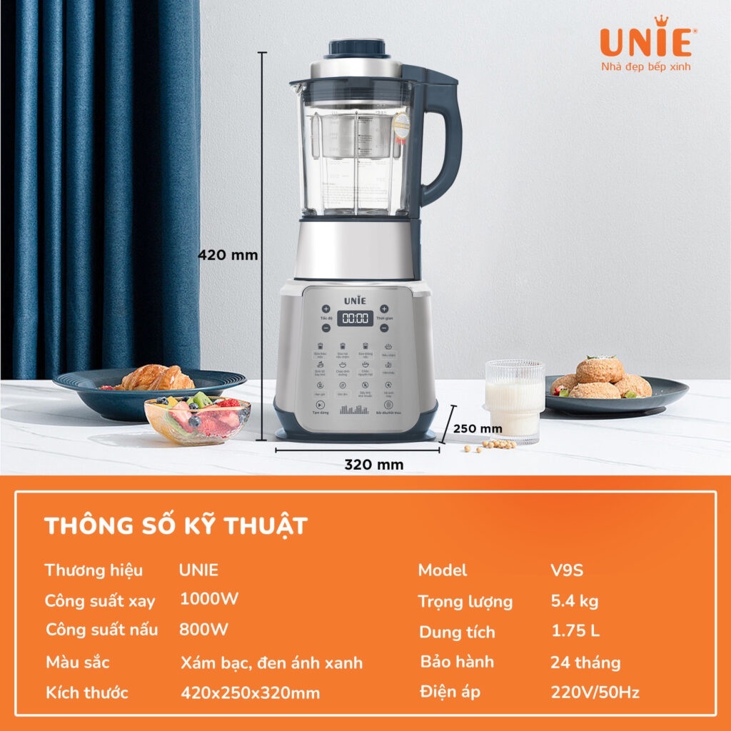 Máy làm sữa hạt Unie V9S, công suất 1800W, dung tích 1.75L, tự làm sạch cối thủy tinh, hàng cao cấp bảo hành 24 tháng
