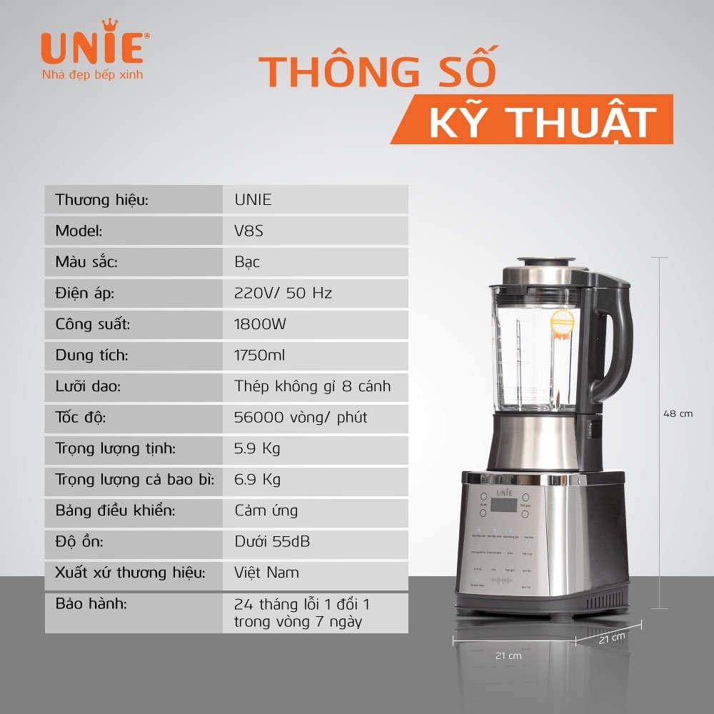 Máy xay nấu sữa hạt UNIE V8S công suất 1800W, dung tích 1.75L