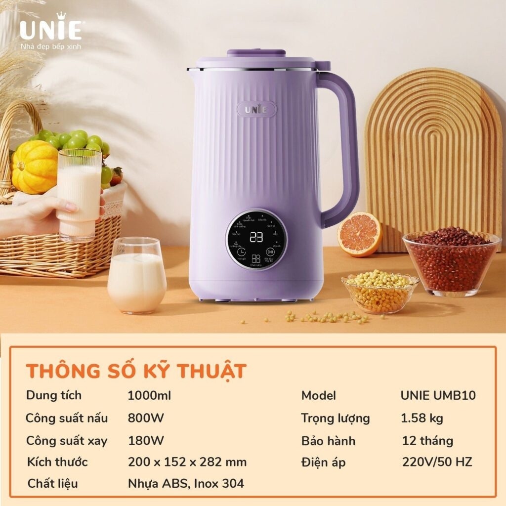 Máy làm sữa hạt Unie UMB10 1L - Lưỡi dao 8 cánh inox 304 cao cấp, công suất 800W