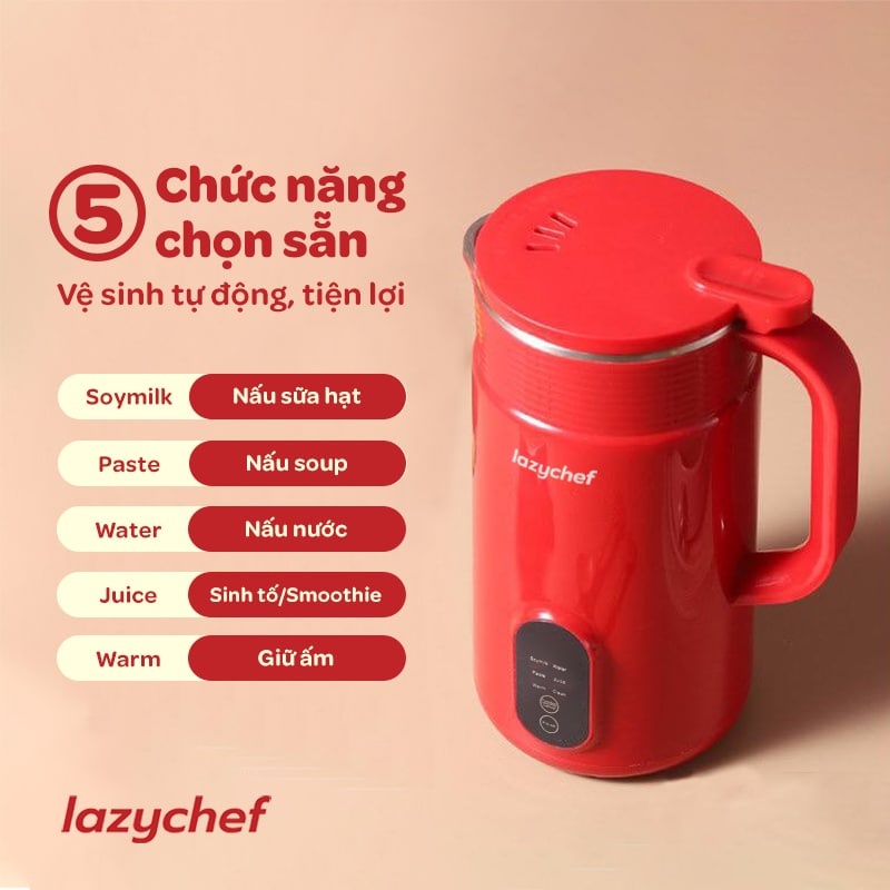 Máy xay nấu sữa hạt đa năng 5in1 Ver 2.0 Lazychef (Phiên bản nắp Inox)