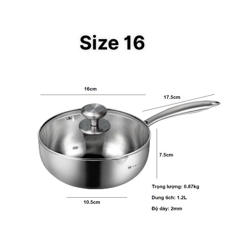 Chảo inox LUNKAI Sâu Lòng đáy liền khối có nắp Kính size 16cm