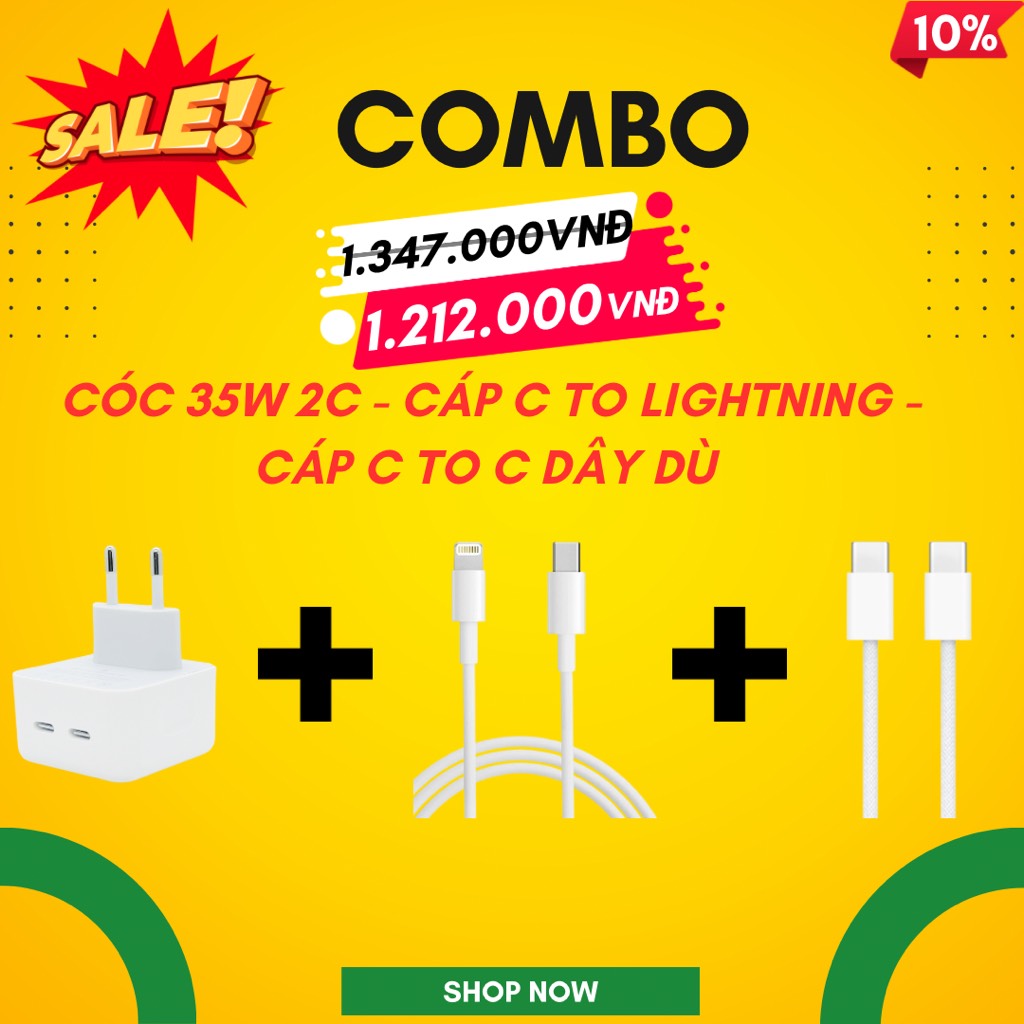 Combo Cóc 35W 2C - Cáp C To Lightning - Cáp C To C Dây Dù