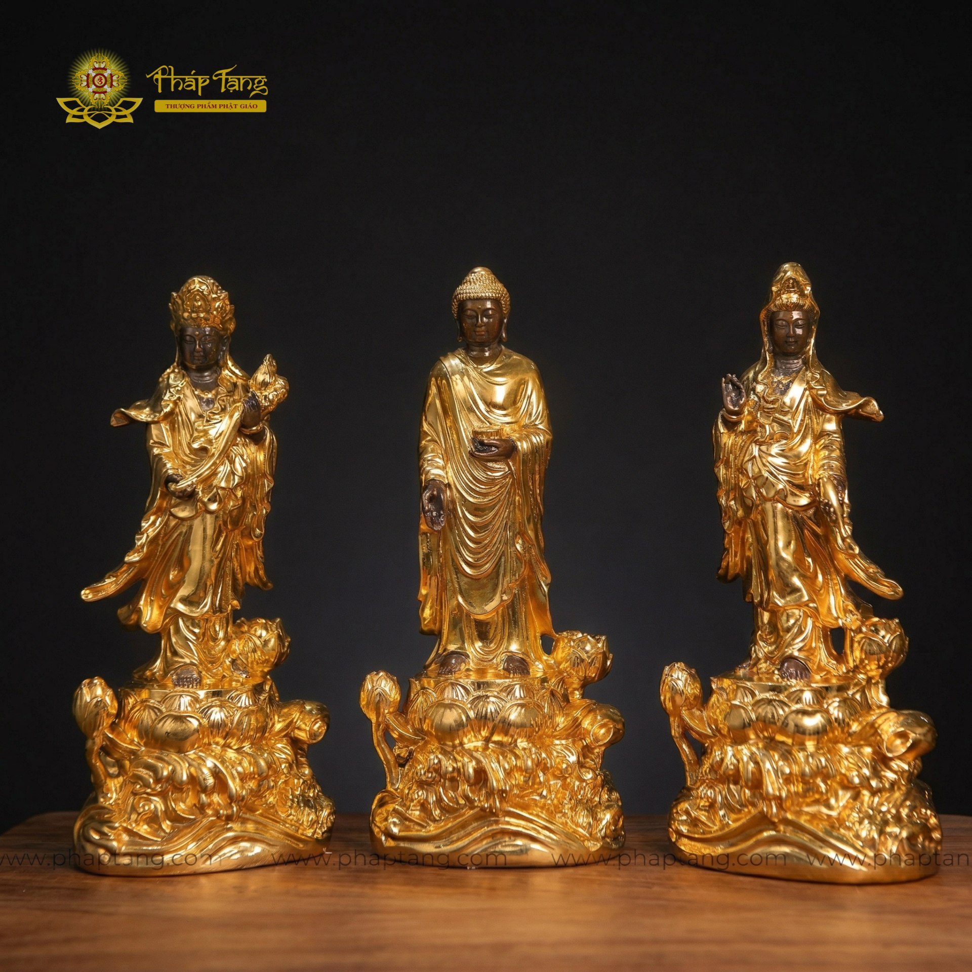 Bộ tượng Tây Phương Tam Thánh dáng đứng đồng mạ vàng 24K cao 20cm