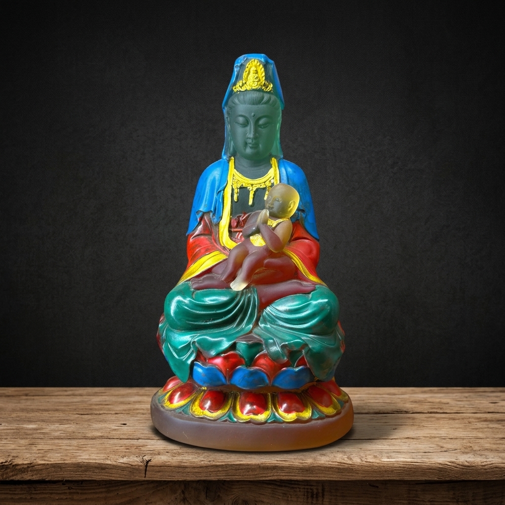 Tượng Đức Quán Thế Âm Bồ Tát Tống Tử bằng lưu ly cao cấp đa sắc cao 22cm