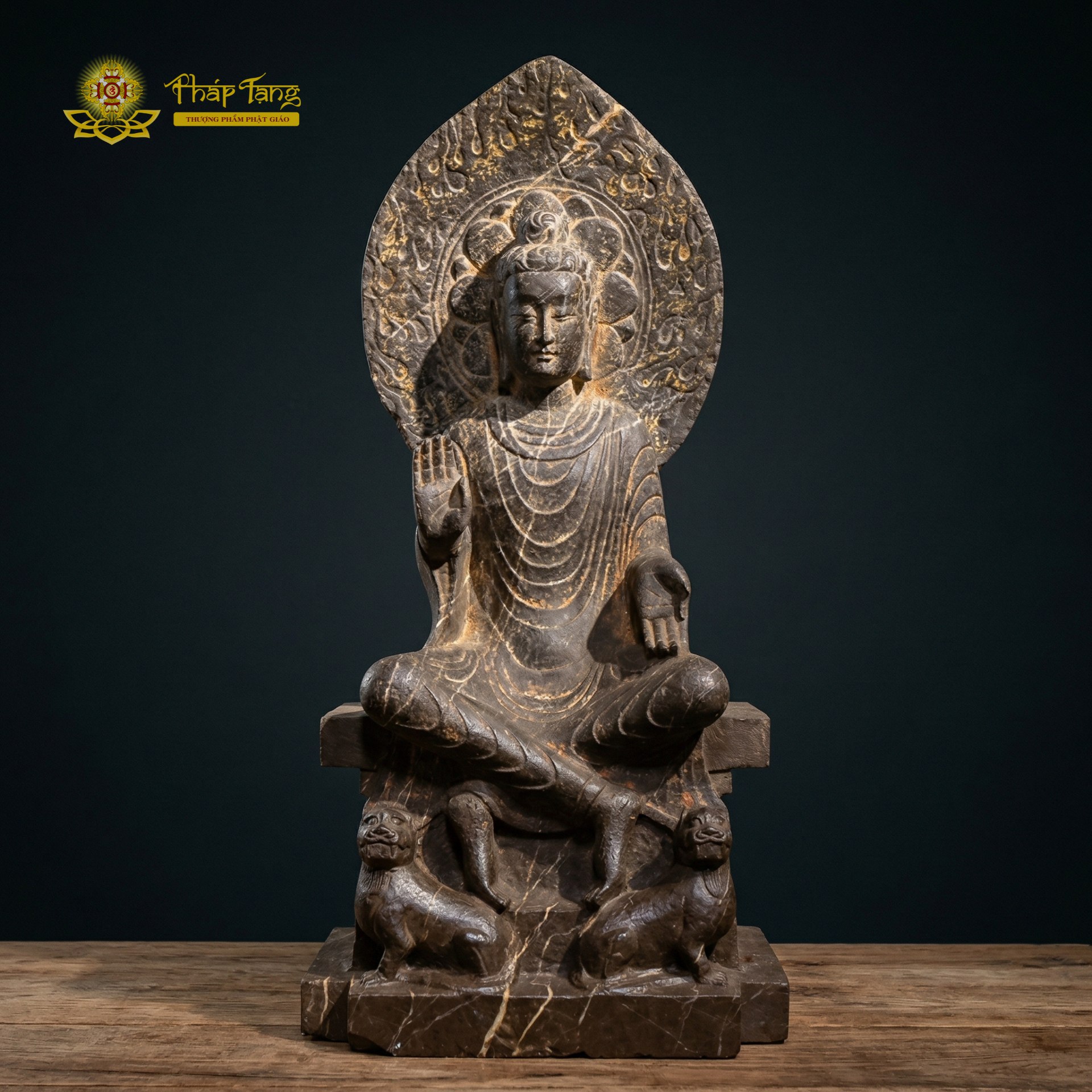 Tượng Đức Bổn Sư Thích Ca thế ngồi tự tại ấn Tiếp Dẫn đá xanh sưu tầm độc bản 67cm