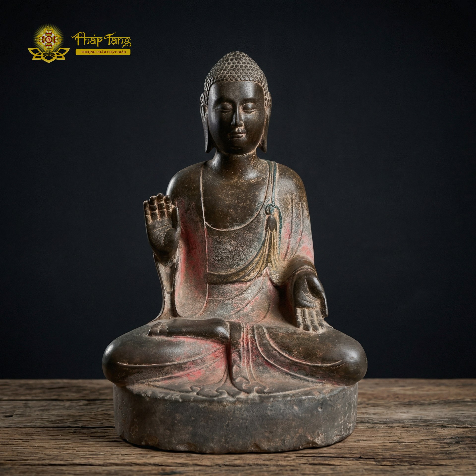 Tượng Đức Bổn Sư Thích Ca ấn Vô Úy đá xanh đồ xưa 60cm