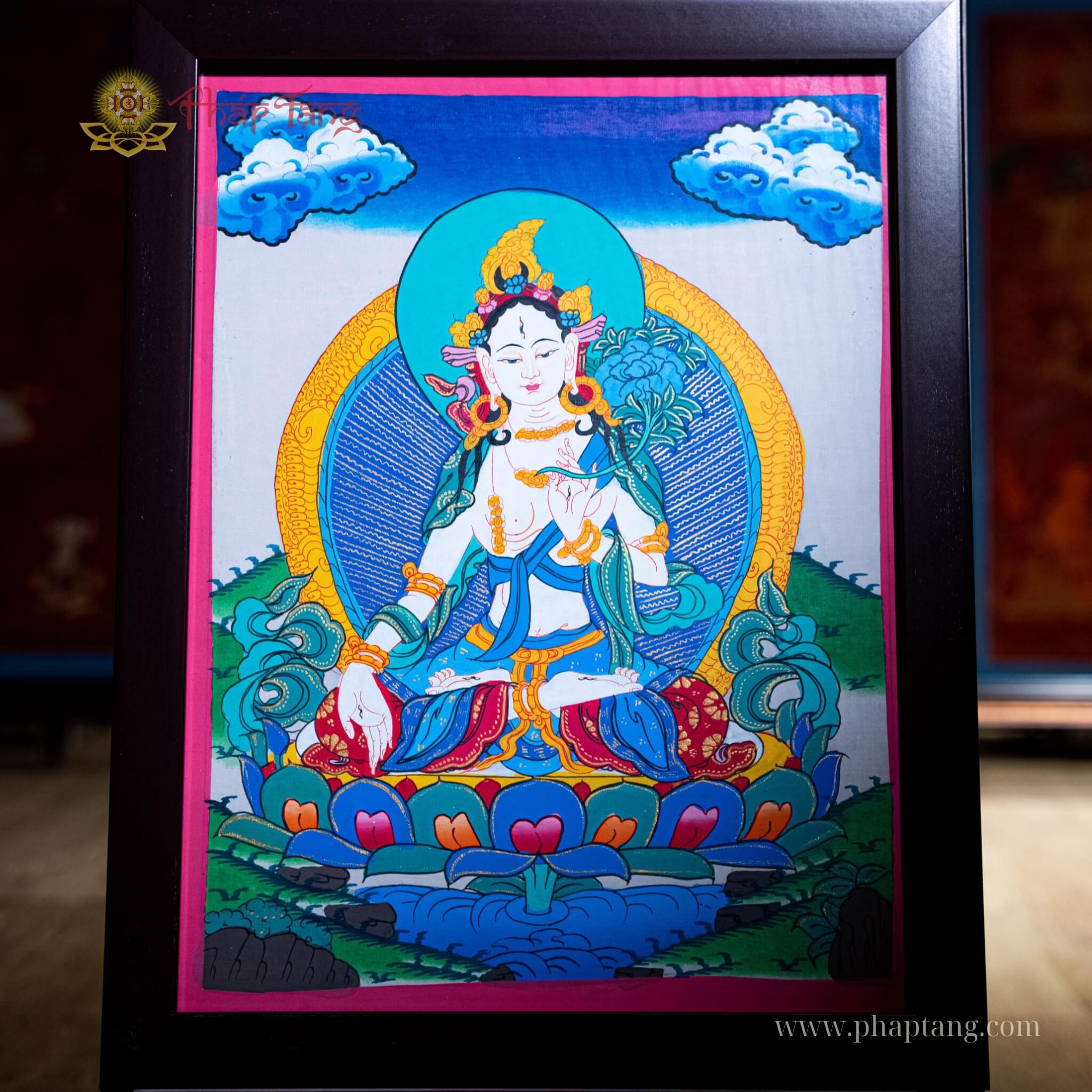 Thangka Đức Phật Mẫu Tara Trắng khổ 22x29cm vẽ tay