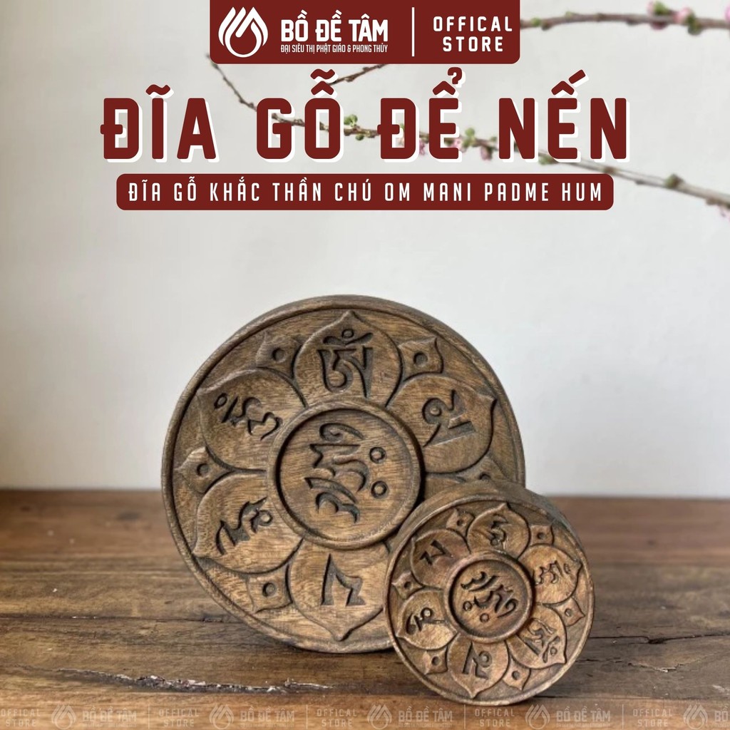 Đĩa gỗ khắc chú Om Mani Padme Hum để nến, tràng hạt, vật phẩm