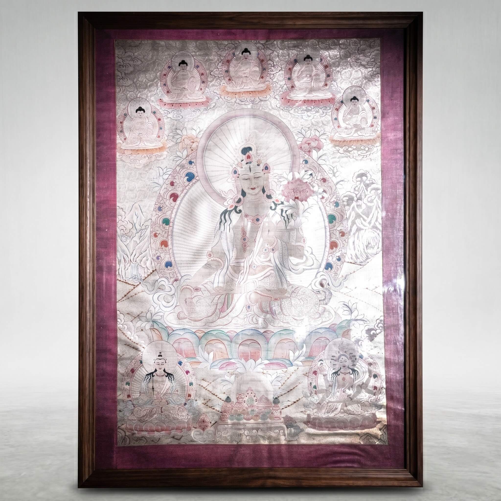Tranh Thangka Đức Tara Trắng dát bạc Tu viện Gompa 95x125cm
