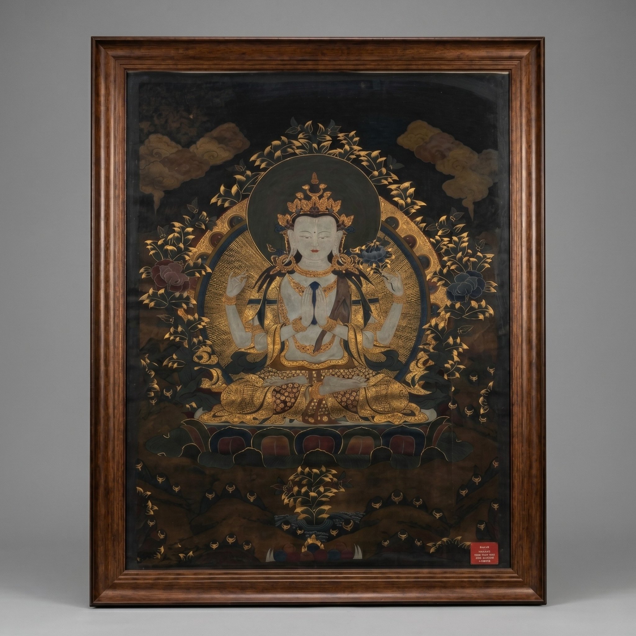 Tranh Thangka Đức Quan Âm Tứ Thủ nền đen vẽ vàng 110x143cm