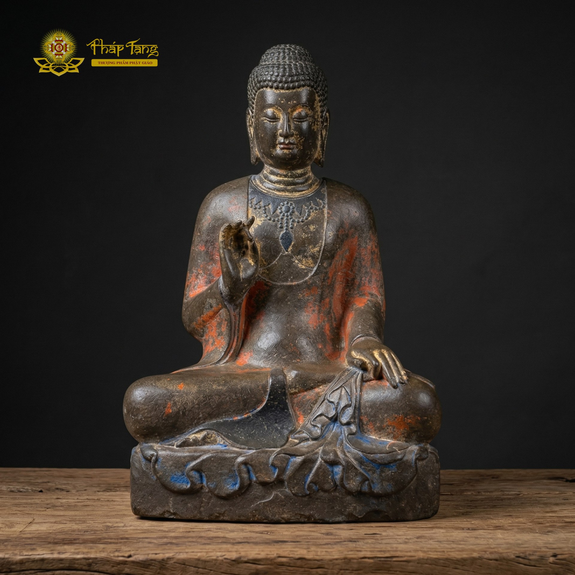 Tượng Phật Thích Ca ấn giáo hóa đá xanh đồ xưa 60cm