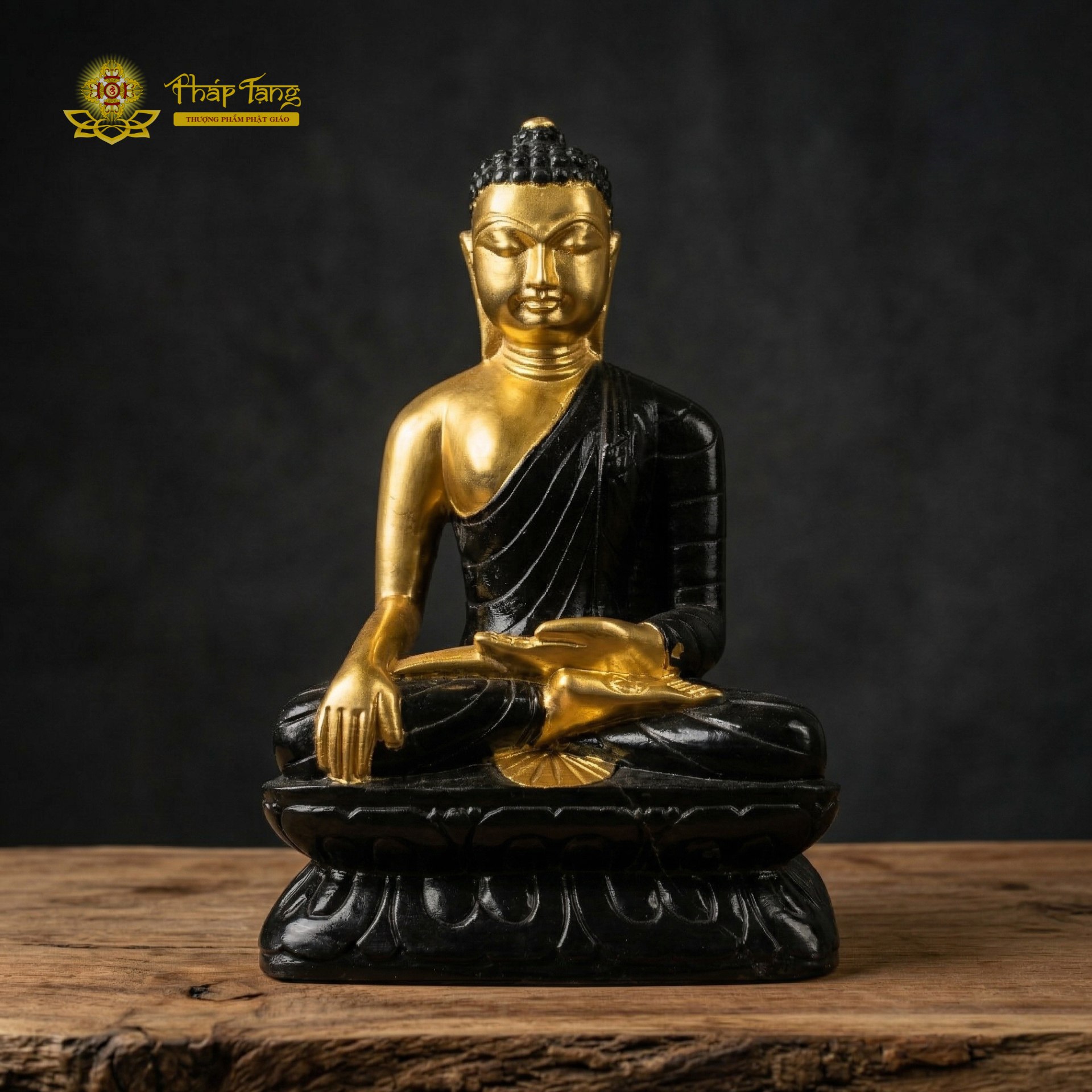 Tôn tượng Phật Thích Ca đá đen mạ vàng Ấn Độ 20cm