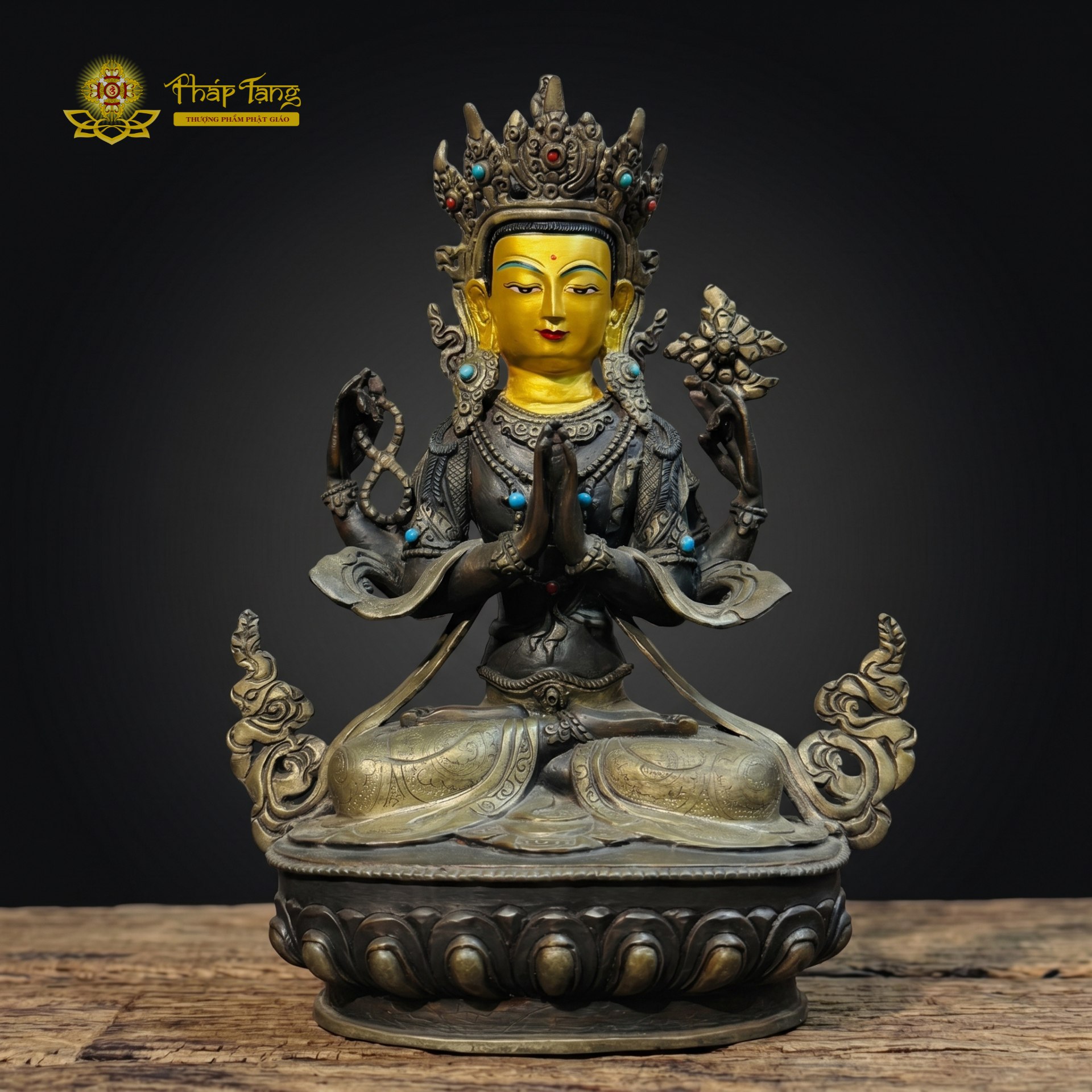 Tôn tượng Quán Thế Âm Tứ Thủ đồng mạ bạc 32cm