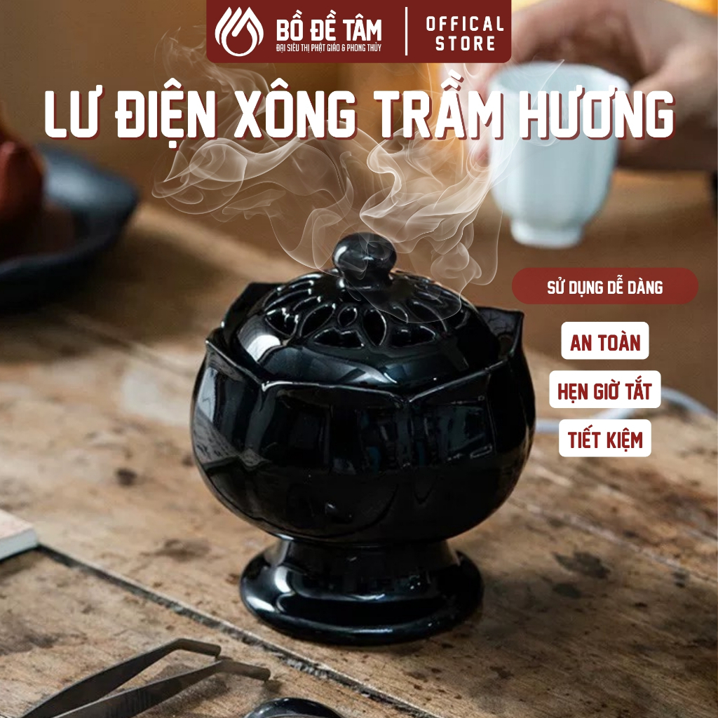 Lư Điện Xông Trầm Gốm Đen Nắp Đồng Hình Sen Nở