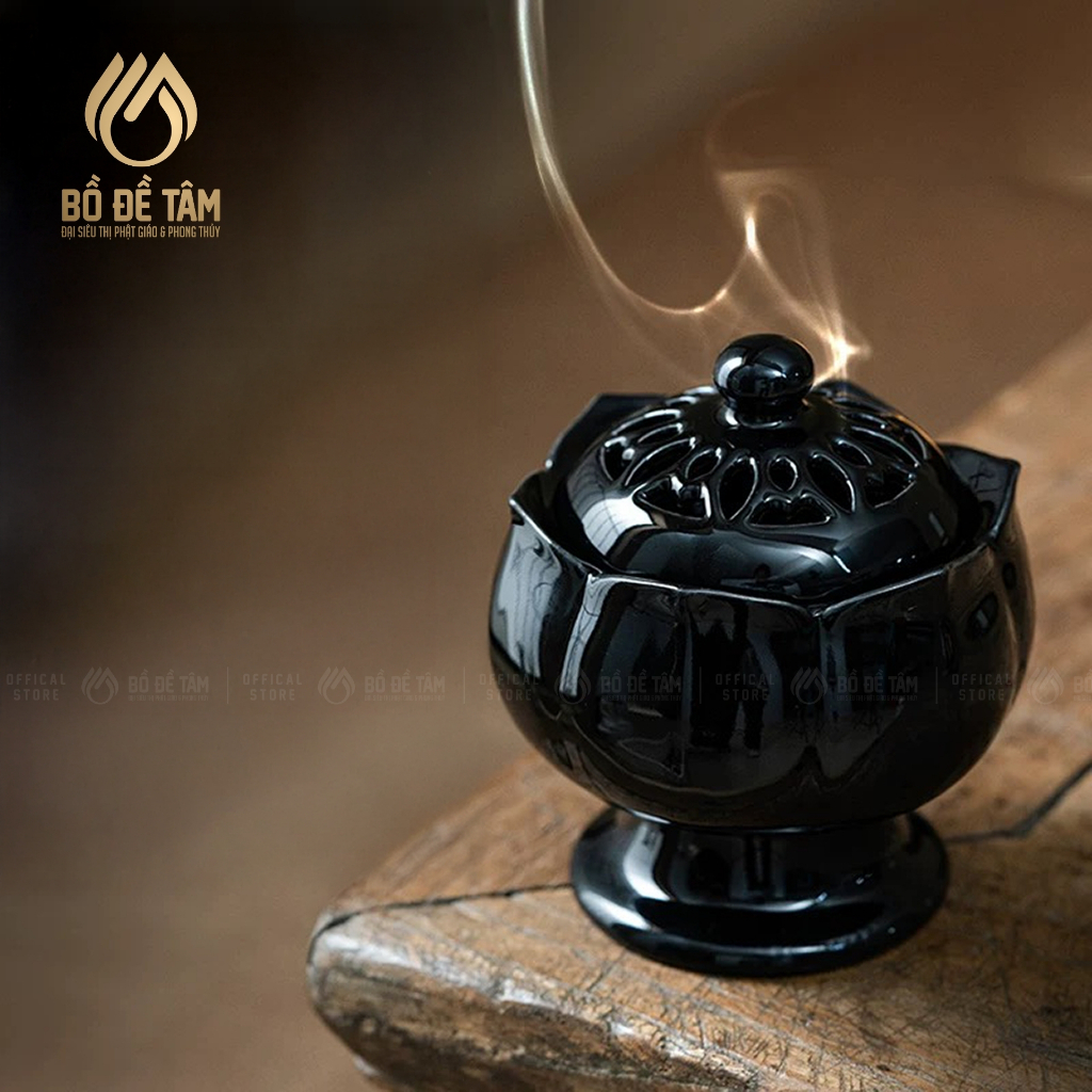 Lư Điện Xông Trầm Gốm Đen Nắp Đồng Hình Sen Nở
