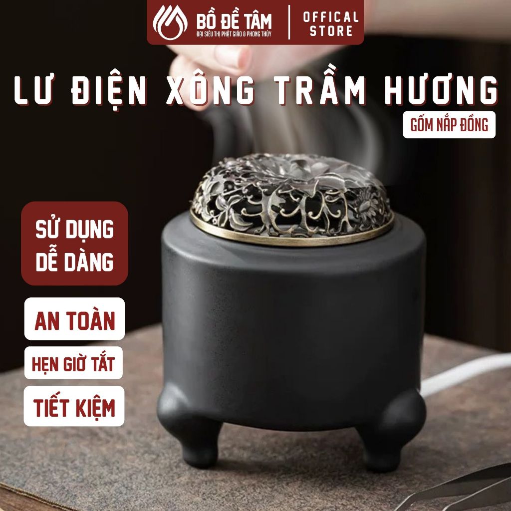 Lư Điện Xông Trầm Gốm Đen Nắp Đồng Họa Tiết Cổ